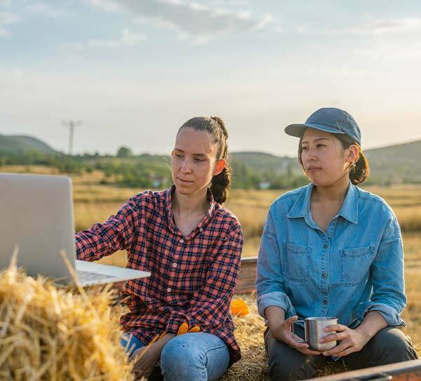 Two female farmers sitting on tractor trailer on haystacks and working on laptop