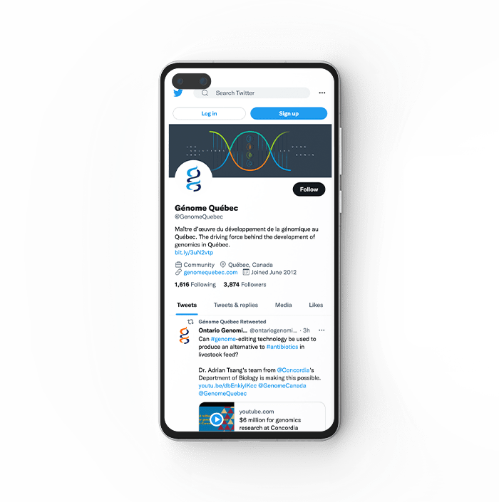 Genome Quebec Twitter page on mobile.