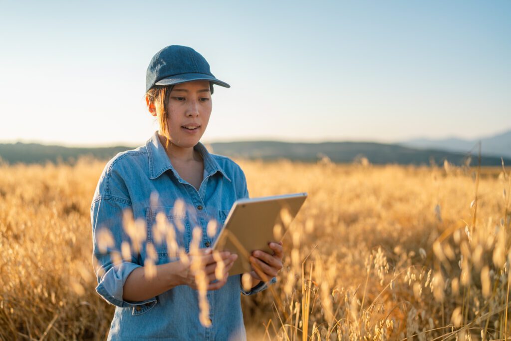 A young female farmer is holding a digital tablet in a farm field. Smart farming.
