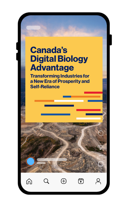 Aerial view of an industrial mining site overlaid with the cover of Genome Canada's report, Canada's Digital Biology Advantage: Transforming Industries for a New Era of Prosperity and Self-Reliance.