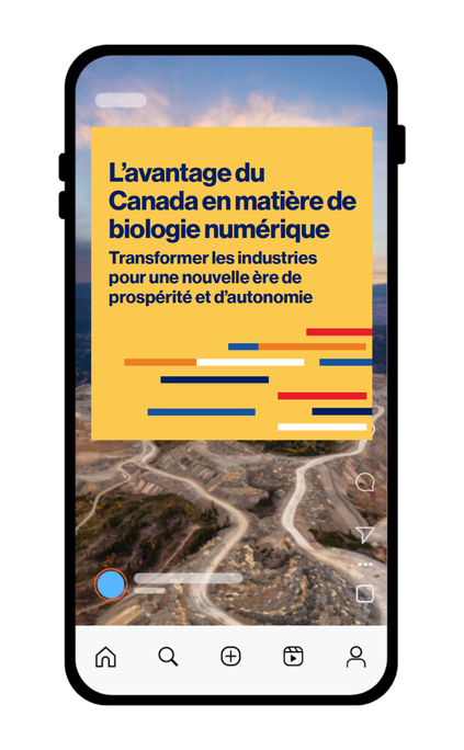 Vue aérienne d’un site minier industriel sur laquelle est superposée la couverture du rapport de Génome Canada, L’avantage du Canada en matière de biologie numérique : transformer les industries pour une nouvelle ère de prospérité et d’autonomie.