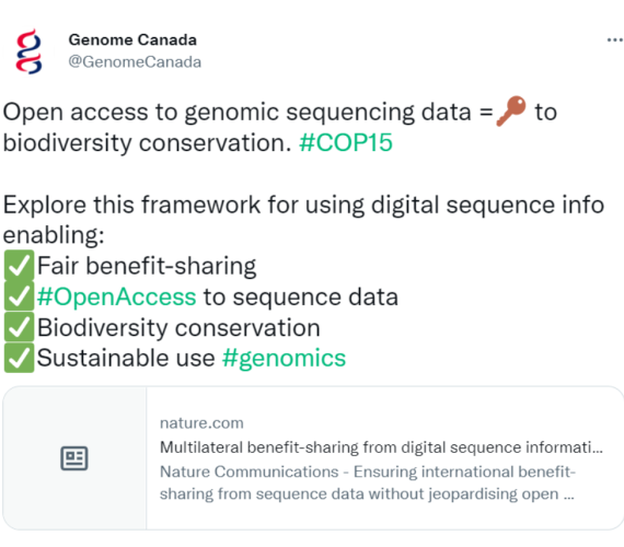 Tweet by @GenomeCanada: Open access to genomic sequencing data =🔑 to biodiversity conservation. #COP15 Explore this framework for using digital sequence info enabling: ✅Fair benefit-sharing ✅#OpenAccess to sequence data ✅Biodiversity conservation ✅Sustainable use #genomics